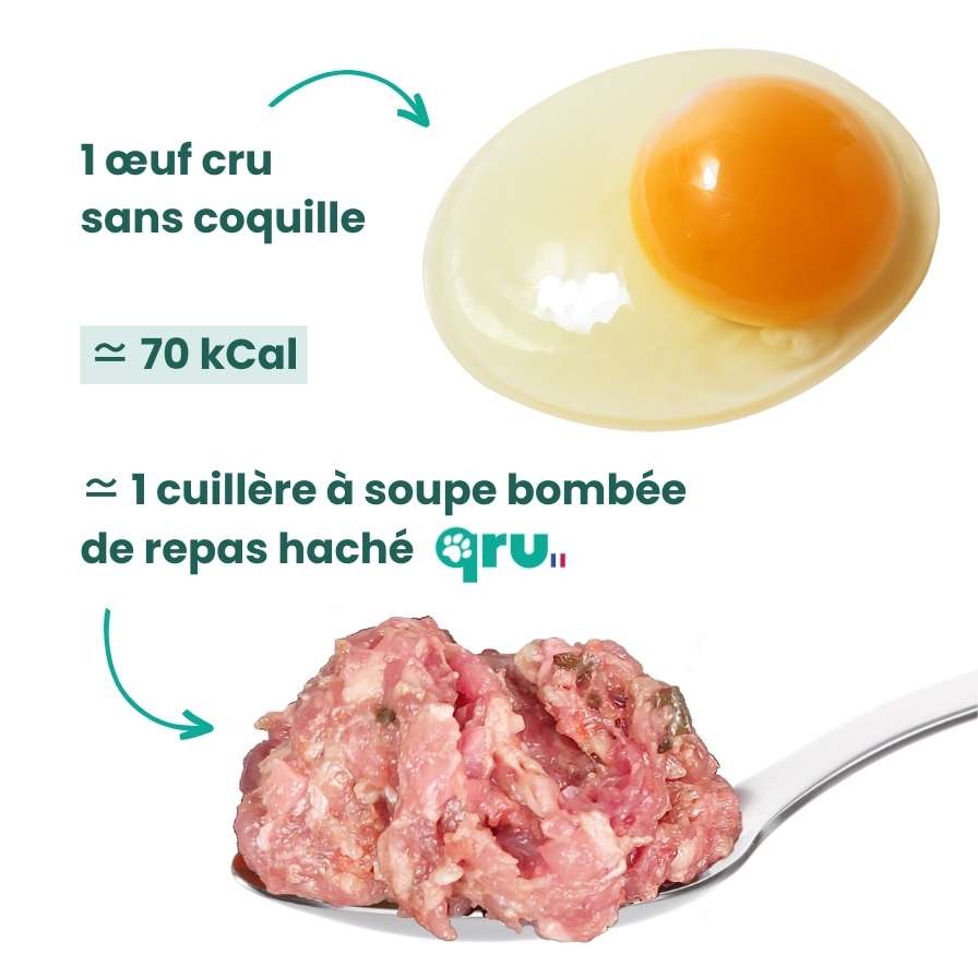 1 œuf cru sans coquille, correspond à 70 kCal soit 1 cuillère à soupe bombée de repas haché qru.  