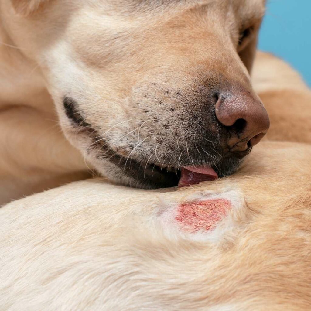 Plaques rouges sur la peau d'un chien à cause dune allergie alimentaire