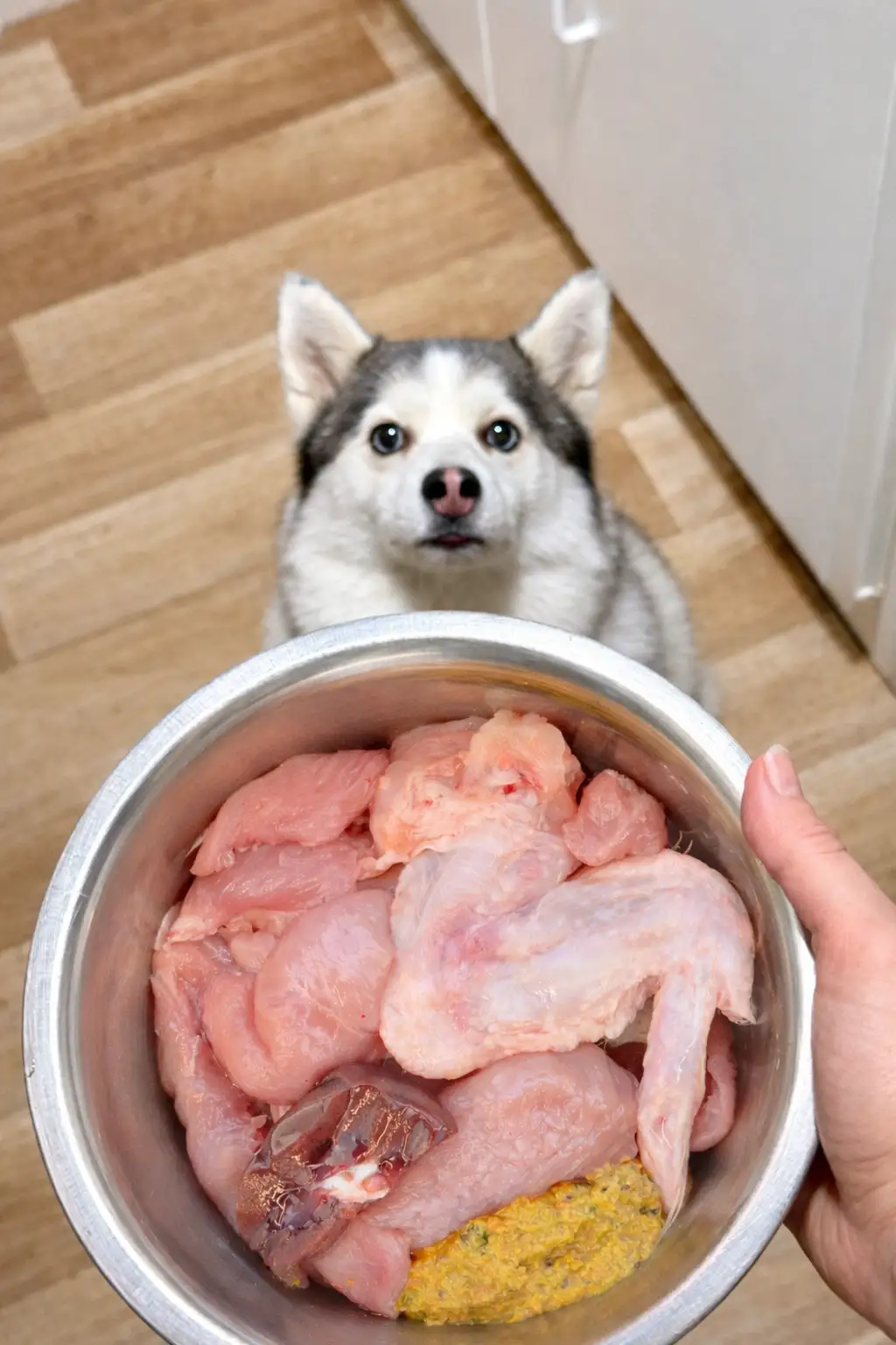 Chien de pomsky regardant une gamelle en inox remplie de morceaux de viande crue, tenue à la main dans une cuisine.