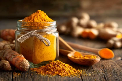 Pot en verre rempli de poudre de curcuma avec des racines de curcuma fraîches et une cuillère en bois sur une table en bois.