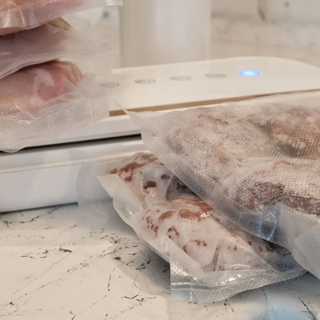 Sachets de viande BARF fait maison sur un plan de travail avec une machine de mise sous vide
