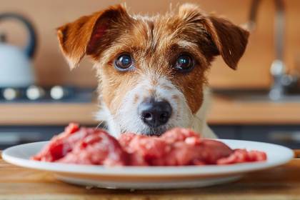 chien devant une assiette de barf sans os, uniquement de la viande